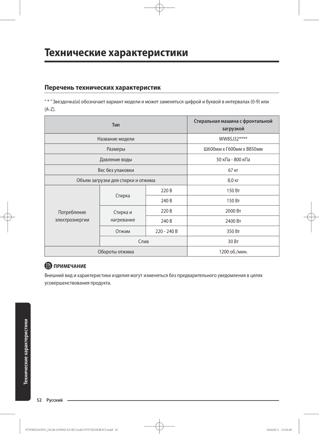 Samsung WW6SJ3063LW/KJ, WW6SJ3280LW/KJ, WW7SJ3283KW/KJ, WW7SJ3263KW/KJ manual Перечень технических характеристик, Тип 