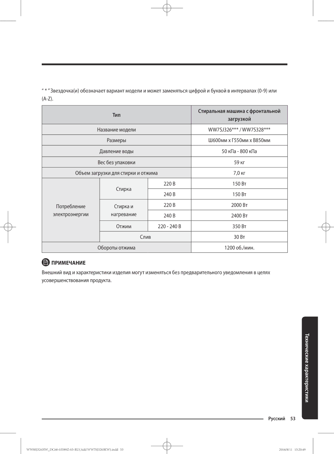 Samsung WW6SJ3280LW/KJ, WW6SJ3063LW/KJ, WW7SJ3283KW/KJ, WW7SJ3263KW/KJ, WW8SJ3263IW/KJ manual Ш600мм x Г550мм x В850мм 