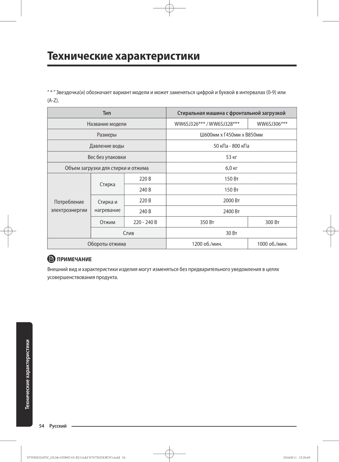 Samsung WW7SJ3283KW/KJ, WW6SJ3063LW/KJ, WW6SJ3280LW/KJ, WW7SJ3263KW/KJ, WW8SJ3263IW/KJ manual Ш600мм x Г450мм x В850мм 