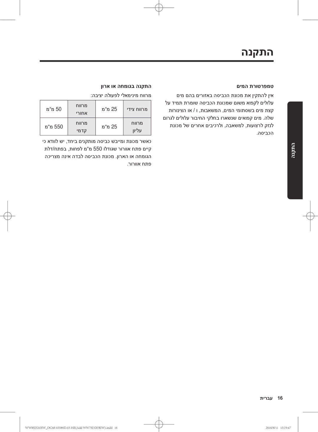 Samsung WW7SJ3283KW/KJ, WW6SJ3063LW/KJ, WW6SJ3280LW/KJ חוורמ ידיצ חוורמ ירוחא, ןוילע, רורווא חתפ, םימה תרוטרפמט, הסיבכה 