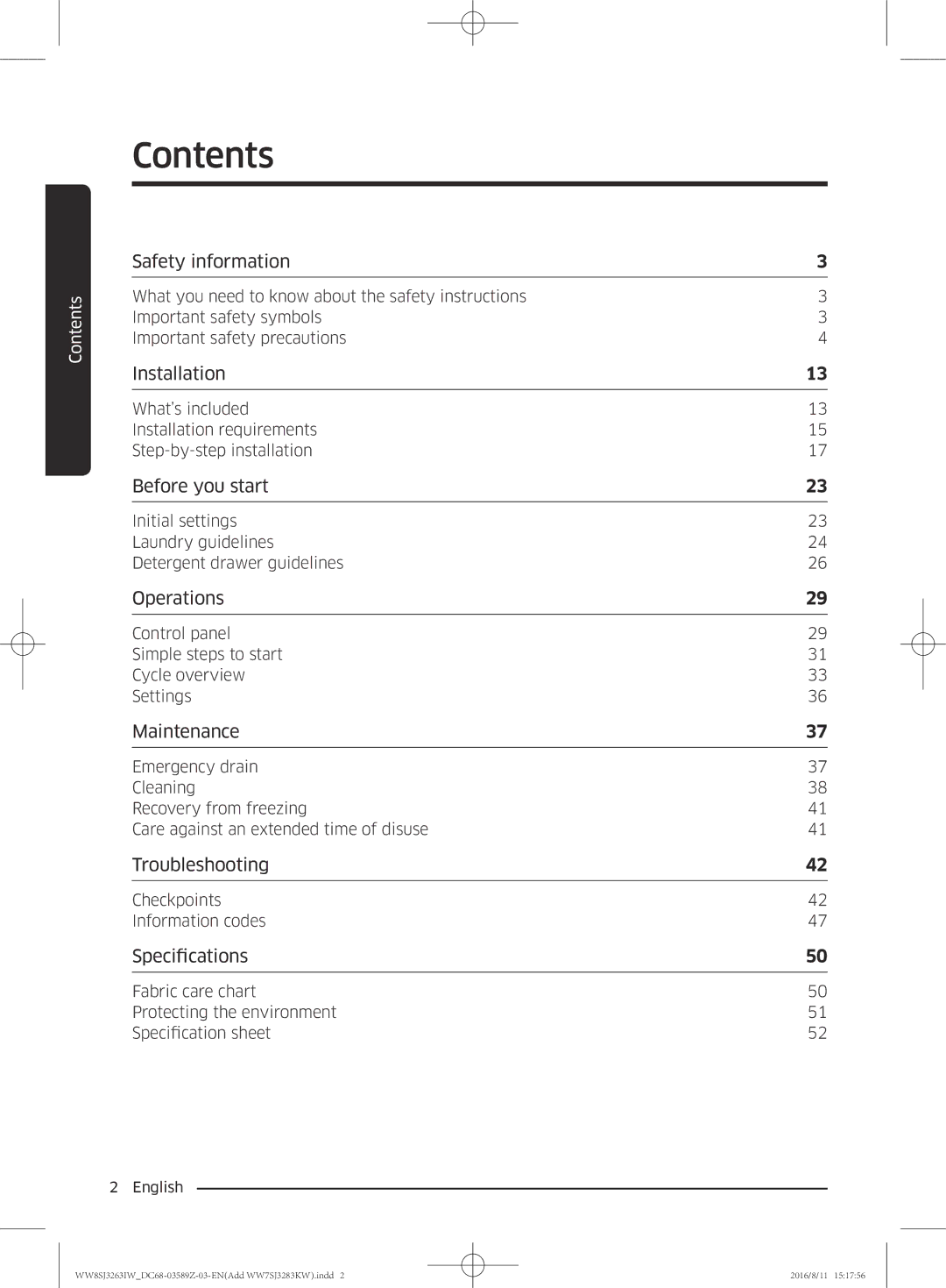 Samsung WW7SJ3283KW/KJ, WW6SJ3063LW/KJ, WW6SJ3280LW/KJ, WW7SJ3263KW/KJ, WW8SJ3263IW/KJ, WW6SJ3283LW1KJ manual Contents 