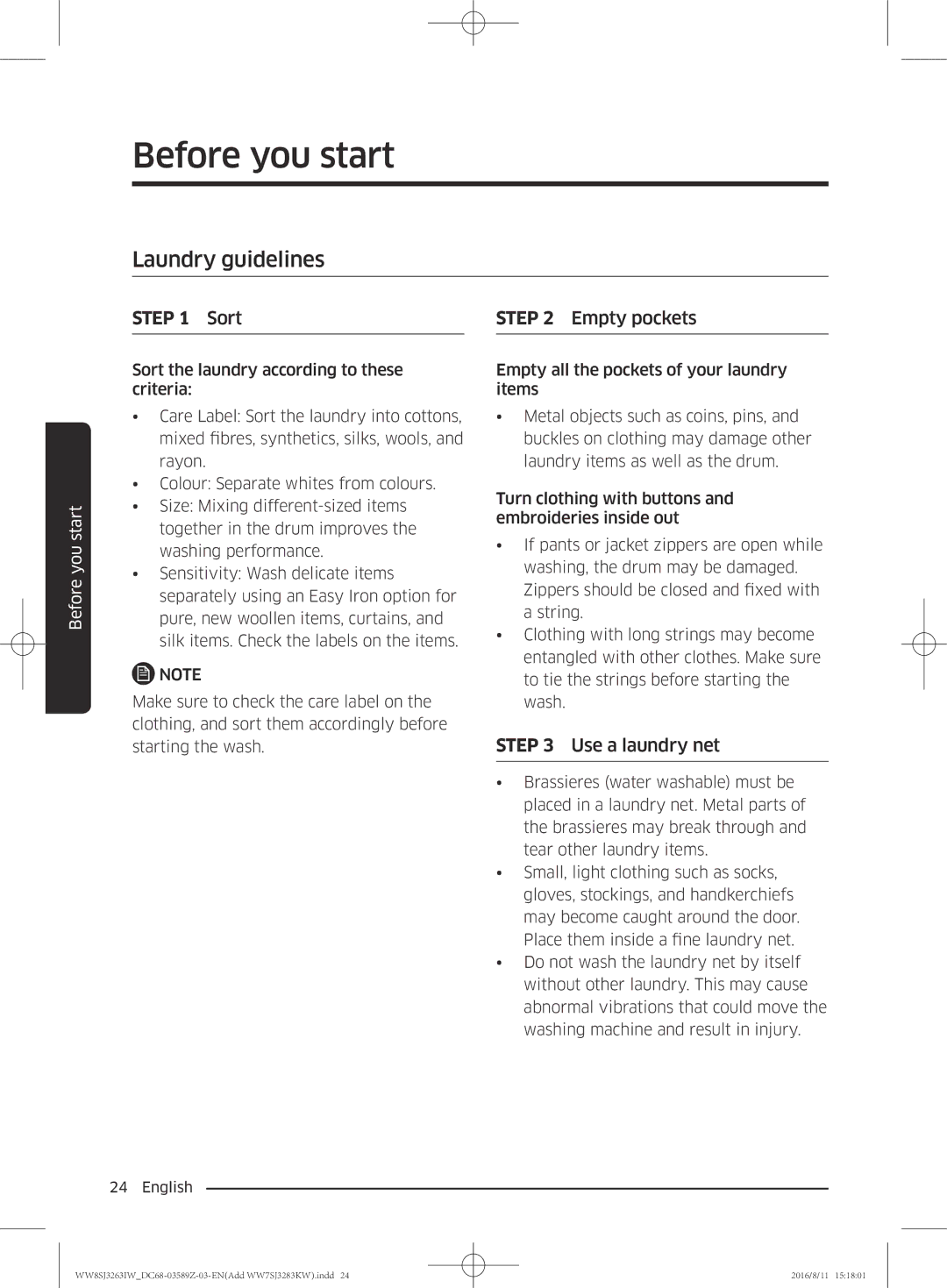 Samsung WW6SJ3063LW/KJ, WW6SJ3280LW/KJ, WW7SJ3283KW/KJ, WW7SJ3263KW/KJ, WW8SJ3263IW/KJ manual Laundry guidelines, Sort 