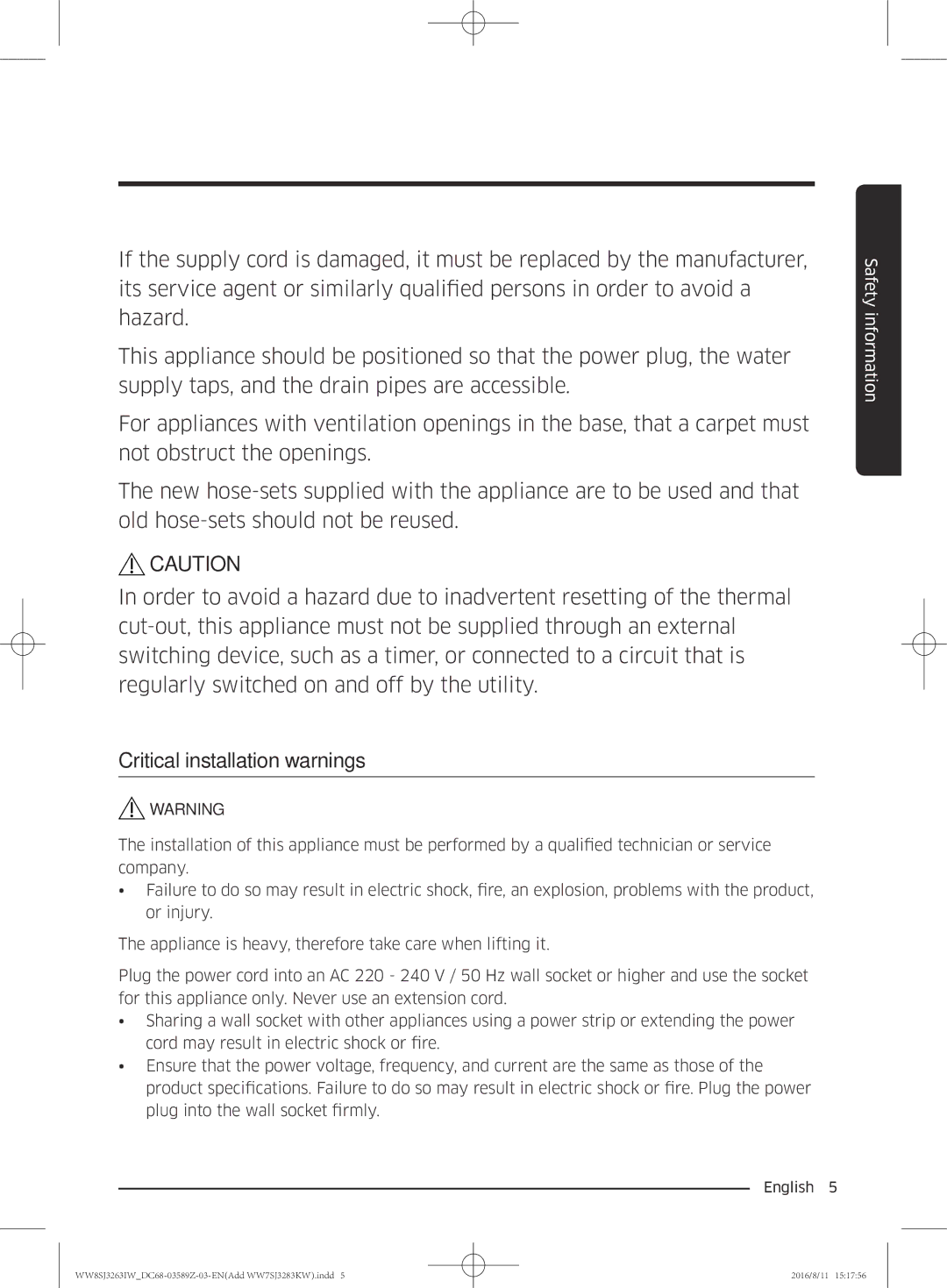 Samsung WW6SJ3283LW1KJ, WW6SJ3063LW/KJ, WW6SJ3280LW/KJ, WW7SJ3283KW/KJ, WW7SJ3263KW/KJ, WW8SJ3263IW/KJ manual Safety information 