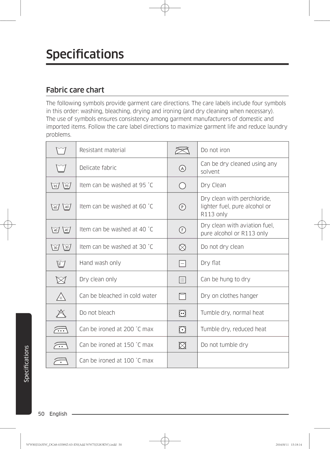 Samsung WW7SJ3283KW/KJ, WW6SJ3063LW/KJ, WW6SJ3280LW/KJ, WW7SJ3263KW/KJ, WW8SJ3263IW/KJ manual Specifications, Fabric care chart 