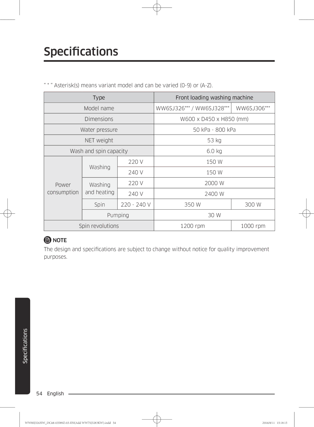 Samsung WW6SJ3063LW/KJ, WW6SJ3280LW/KJ, WW7SJ3283KW/KJ, WW7SJ3263KW/KJ, WW8SJ3263IW/KJ, WW6SJ3283LW1KJ manual Specifications 