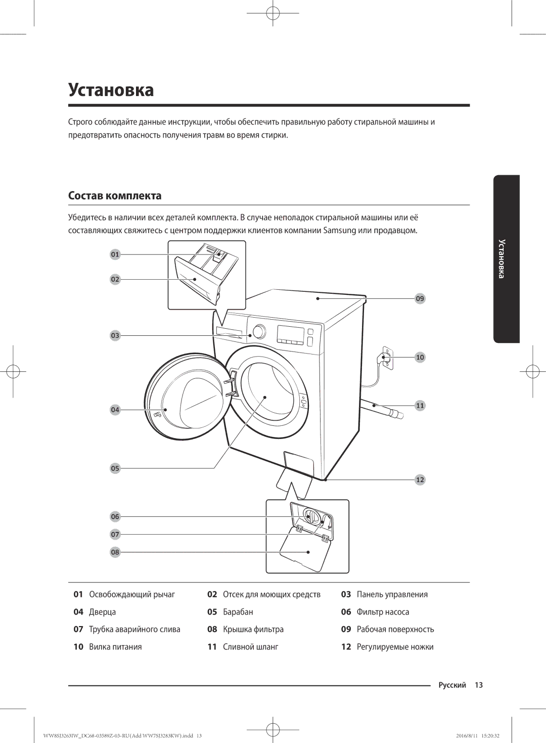 Samsung WW7SJ3263KW/KJ, WW6SJ3063LW/KJ, WW6SJ3280LW/KJ, WW7SJ3283KW/KJ, WW8SJ3263IW/KJ manual Установка, Состав комплекта 