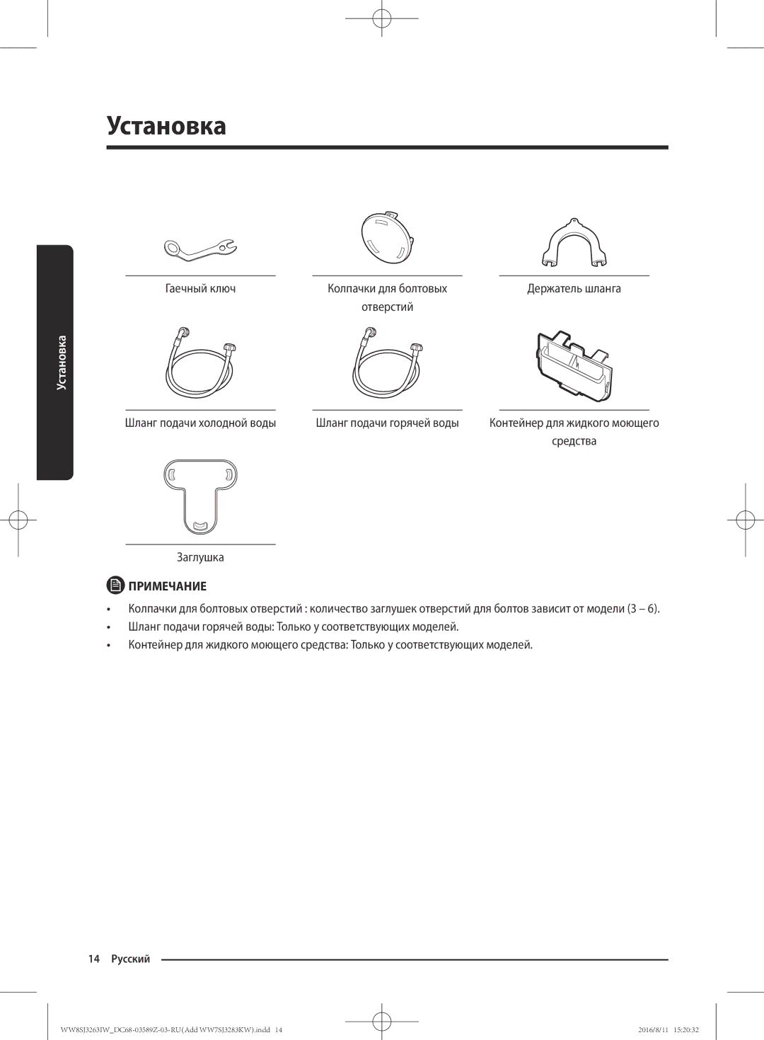 Samsung WW8SJ3263IW/KJ, WW6SJ3063LW/KJ manual Гаечный ключ, Шланг подачи холодной воды Шланг подачи горячей воды, Заглушка 