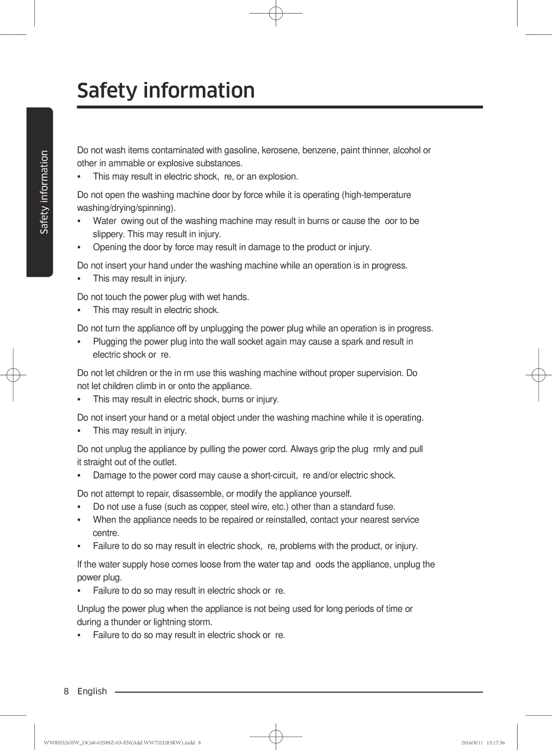 Samsung WW7SJ3283KW/KJ, WW6SJ3063LW/KJ, WW6SJ3280LW/KJ, WW7SJ3263KW/KJ, WW8SJ3263IW/KJ, WW6SJ3283LW1KJ manual Safety information 