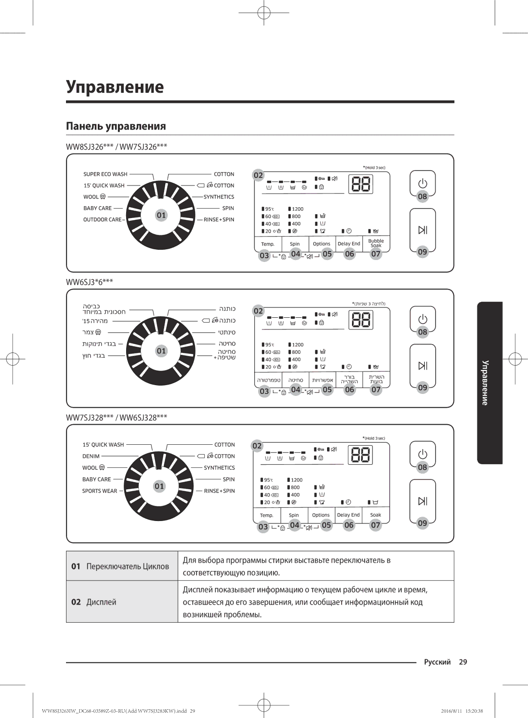 Samsung WW6SJ3280LW/KJ, WW6SJ3063LW/KJ, WW7SJ3283KW/KJ, WW7SJ3263KW/KJ, WW8SJ3263IW/KJ manual Управление, Панель управления 