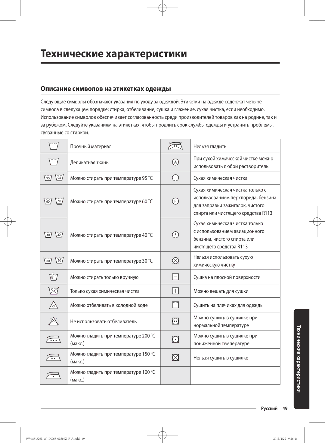 Samsung WW6SJ3263LW/KJ manual Технические характеристики, Описание символов на этикетках одежды 