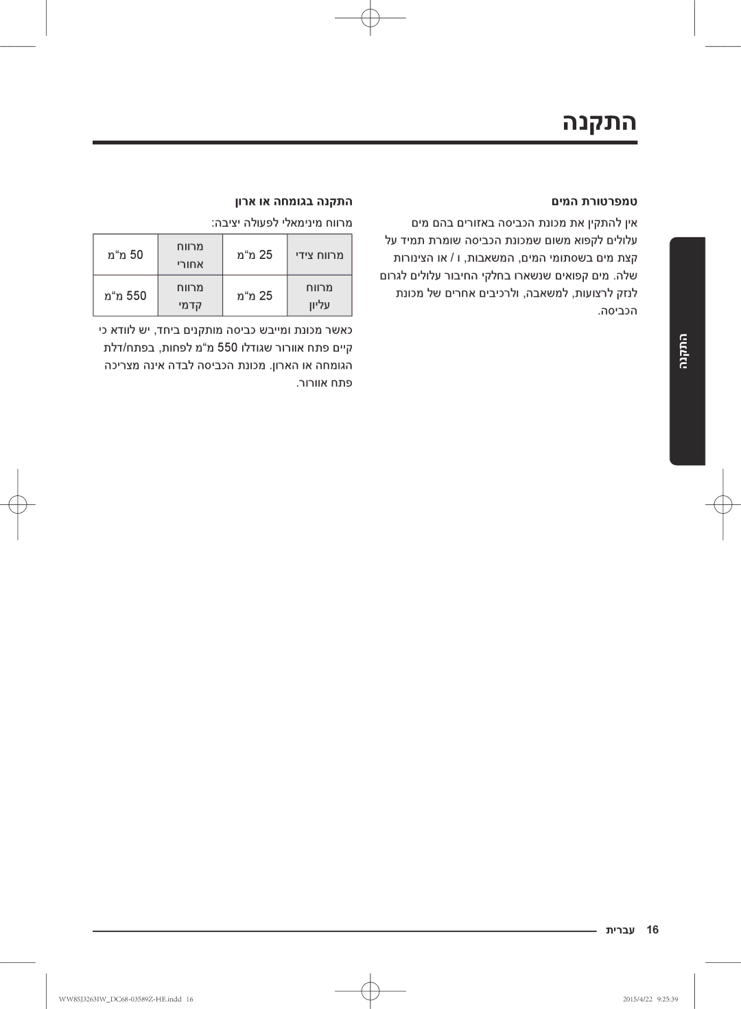 Samsung WW6SJ3263LW/KJ manual חוורמ ידיצ חוורמ ירוחא, ןוילע, רורווא חתפ, םימה תרוטרפמט, הסיבכה 