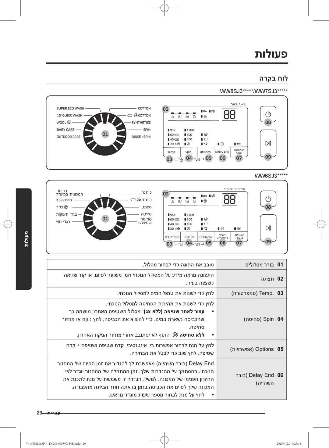 Samsung WW6SJ3263LW/KJ manual תולועפ, הרקב חול, WW8SJ3*****/WW7SJ3 WW6SJ3 