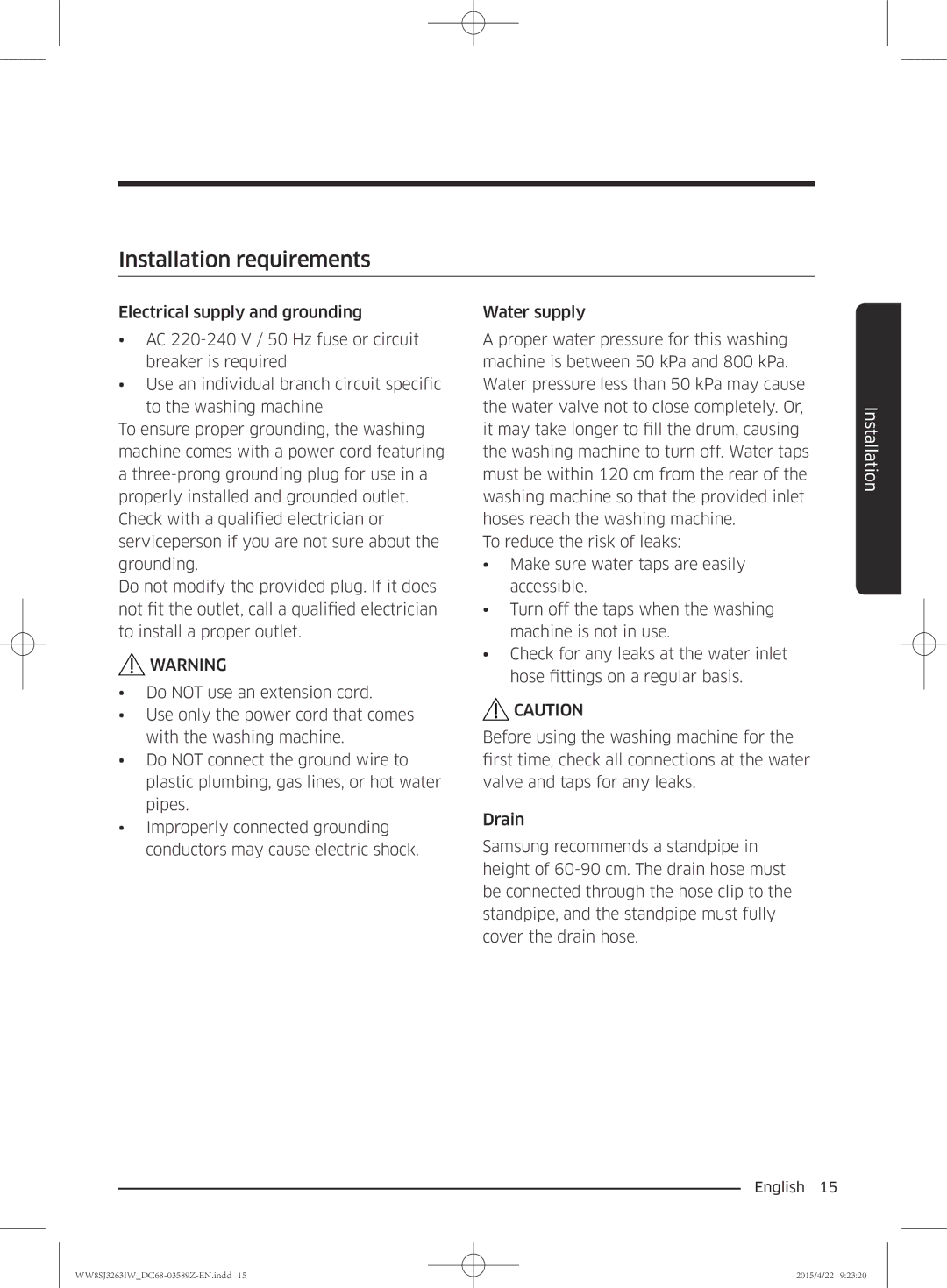 Samsung WW6SJ3263LW/KJ manual Installation requirements 