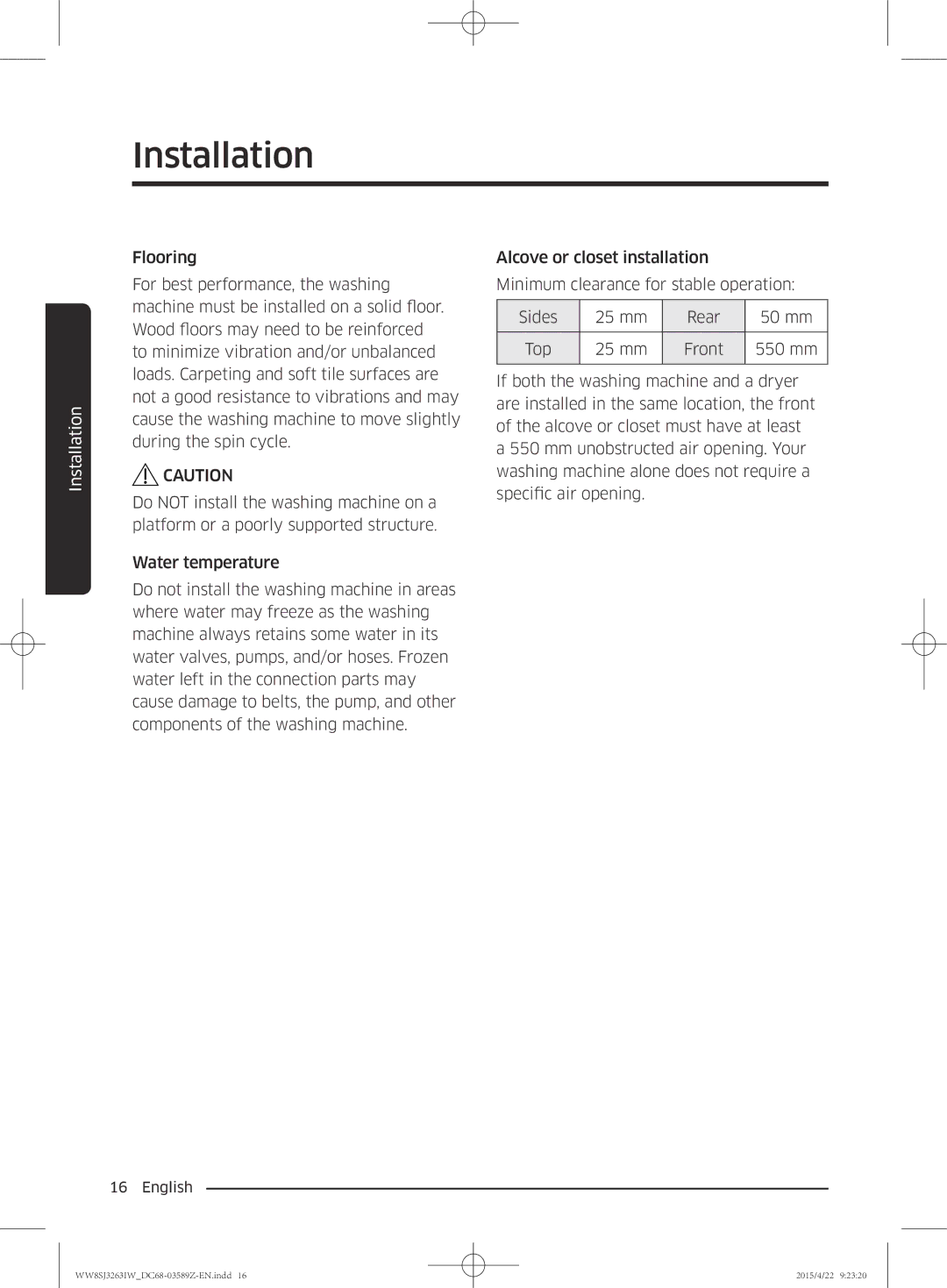 Samsung WW6SJ3263LW/KJ manual Installation 