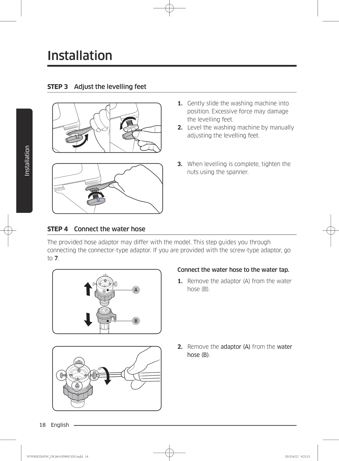 Samsung WW6SJ3263LW/KJ manual Adjust the levelling feet 