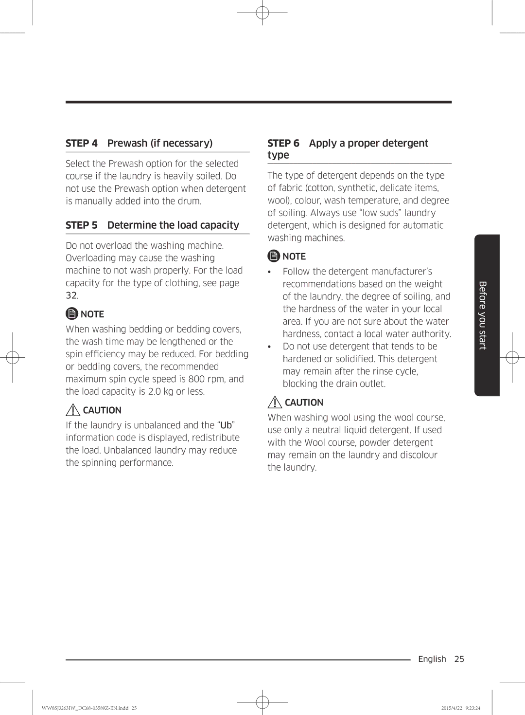 Samsung WW6SJ3263LW/KJ manual Prewash if necessary 