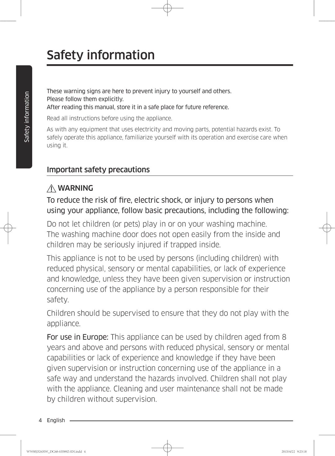 Samsung WW6SJ3263LW/KJ manual Safety information 