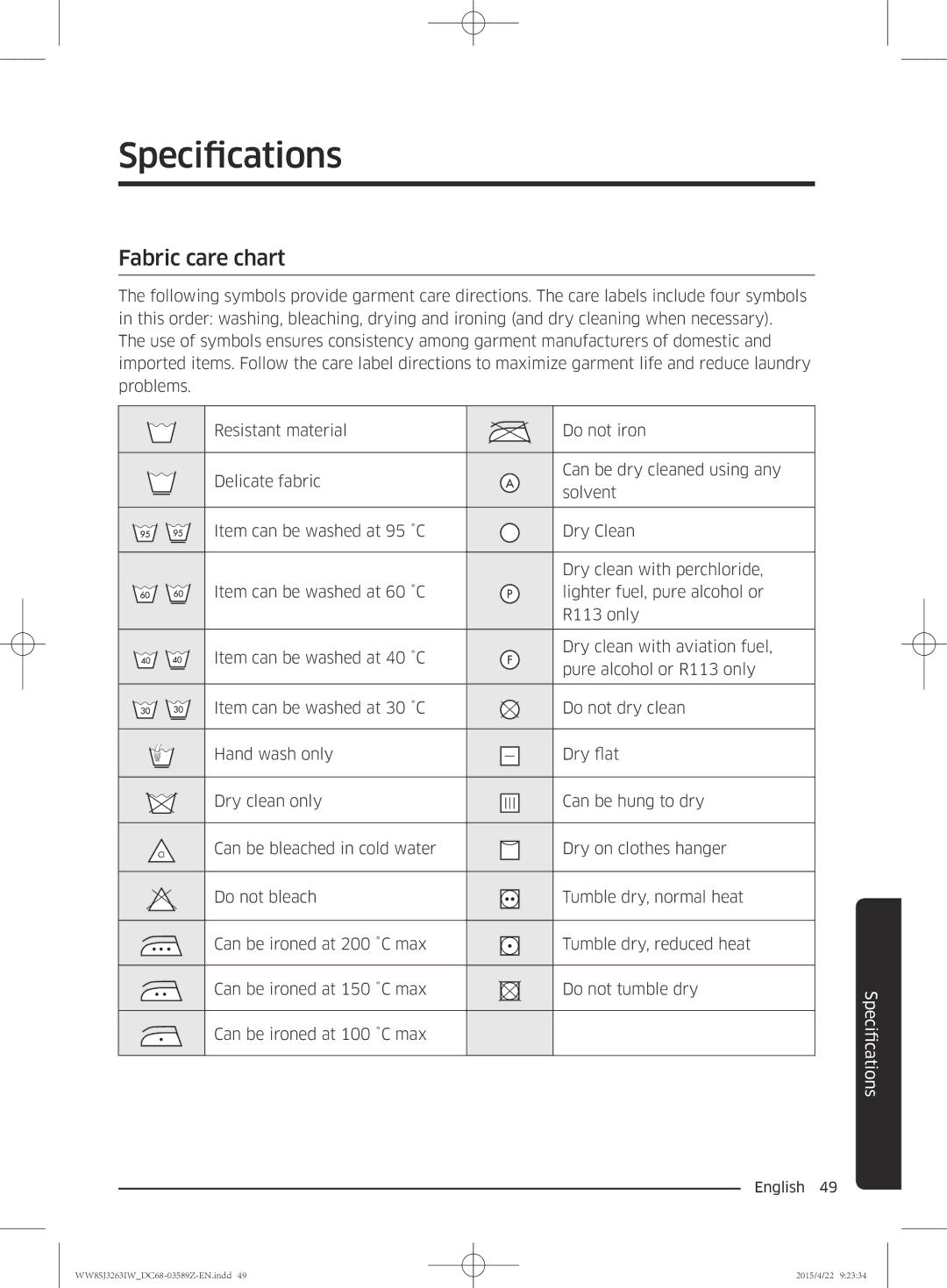 Samsung WW6SJ3263LW/KJ manual Specifications, Fabric care chart 