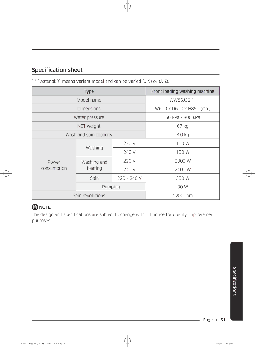 Samsung WW6SJ3263LW/KJ manual Specification sheet 