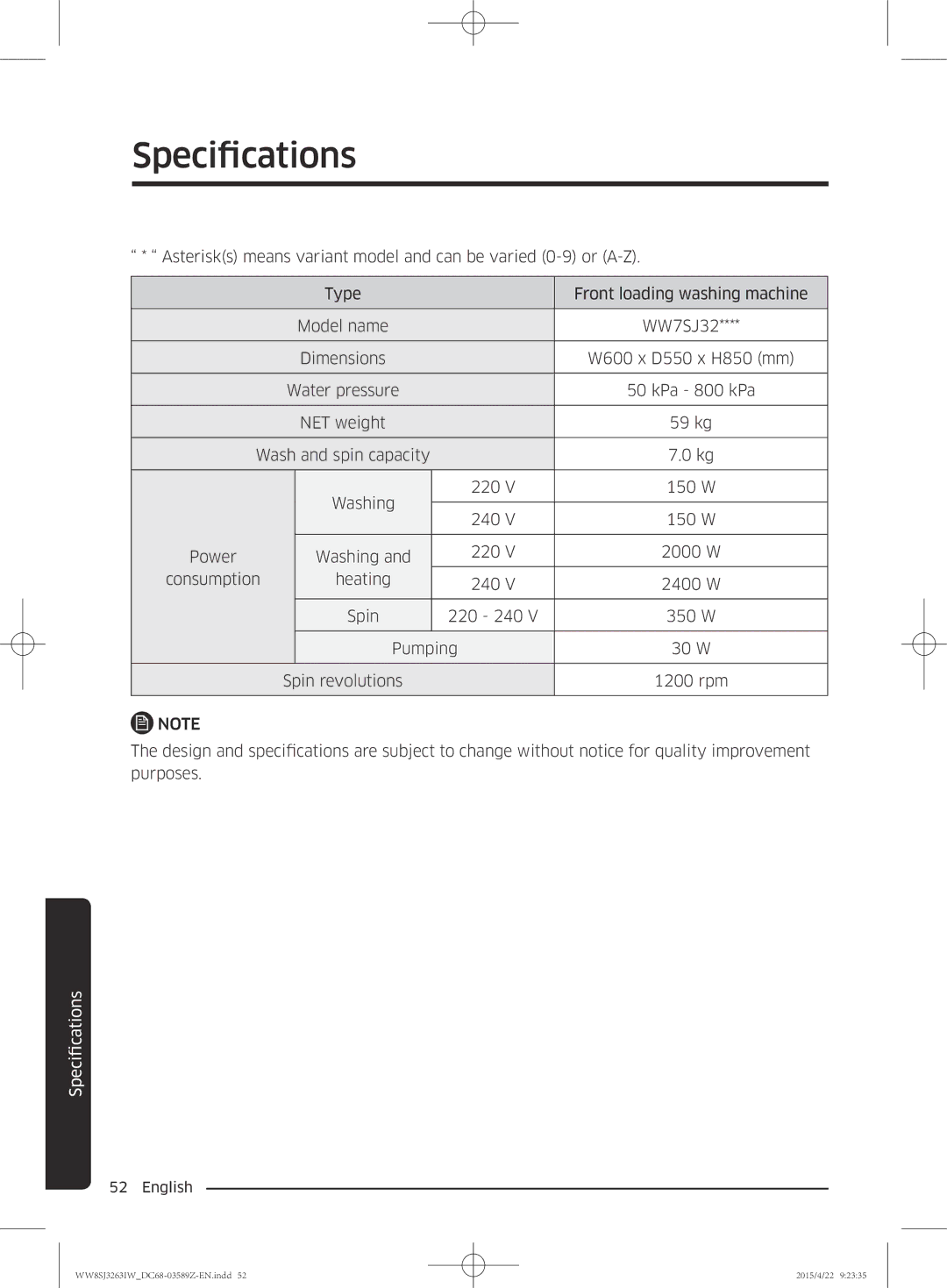 Samsung WW6SJ3263LW/KJ manual Specifications 