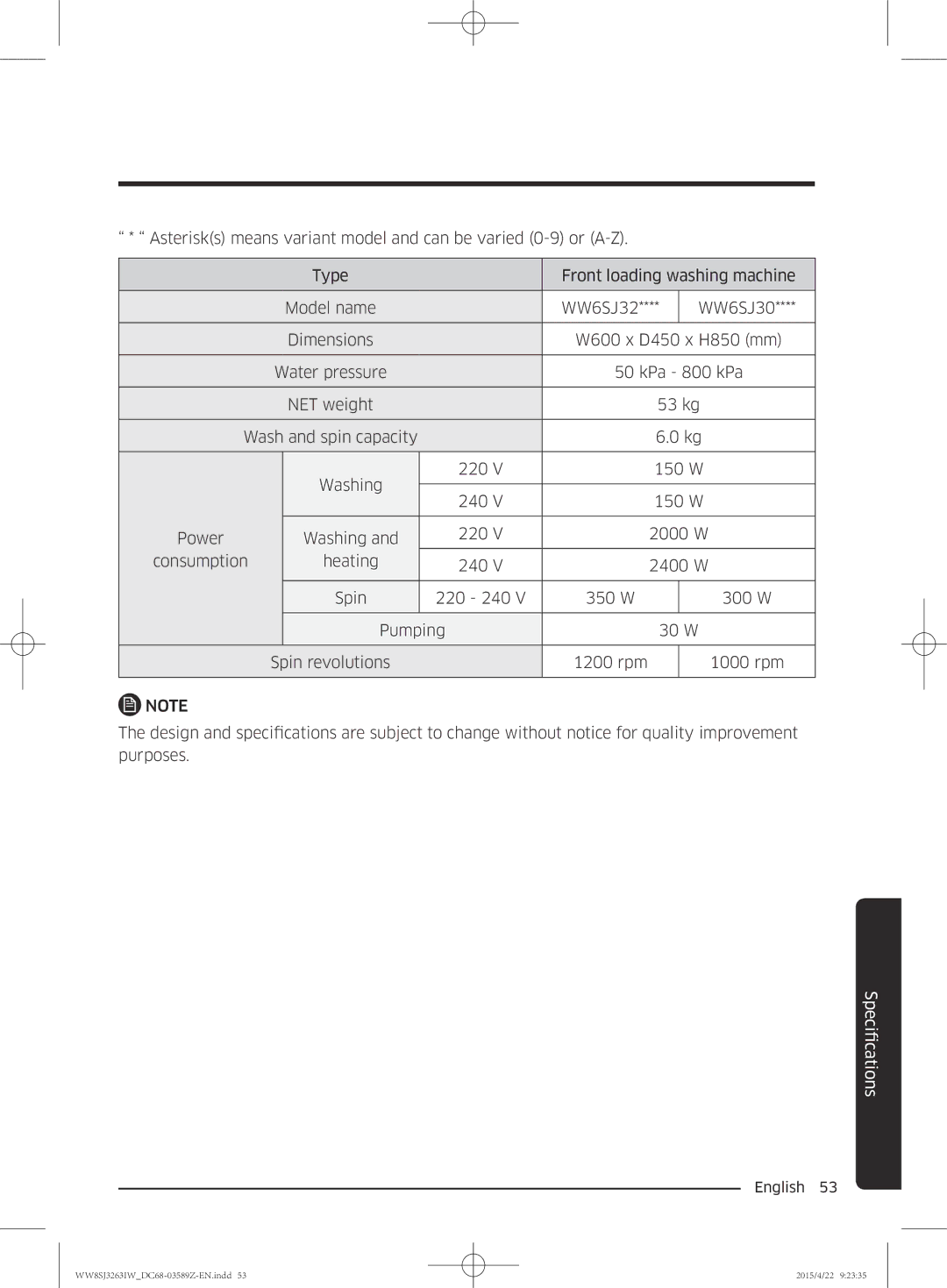 Samsung WW6SJ3263LW/KJ manual FicationsSpeci 