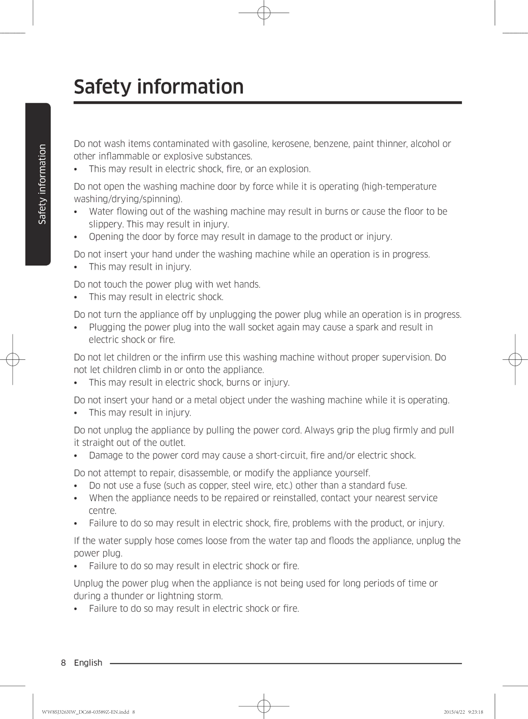 Samsung WW6SJ3263LW/KJ manual Safety information 