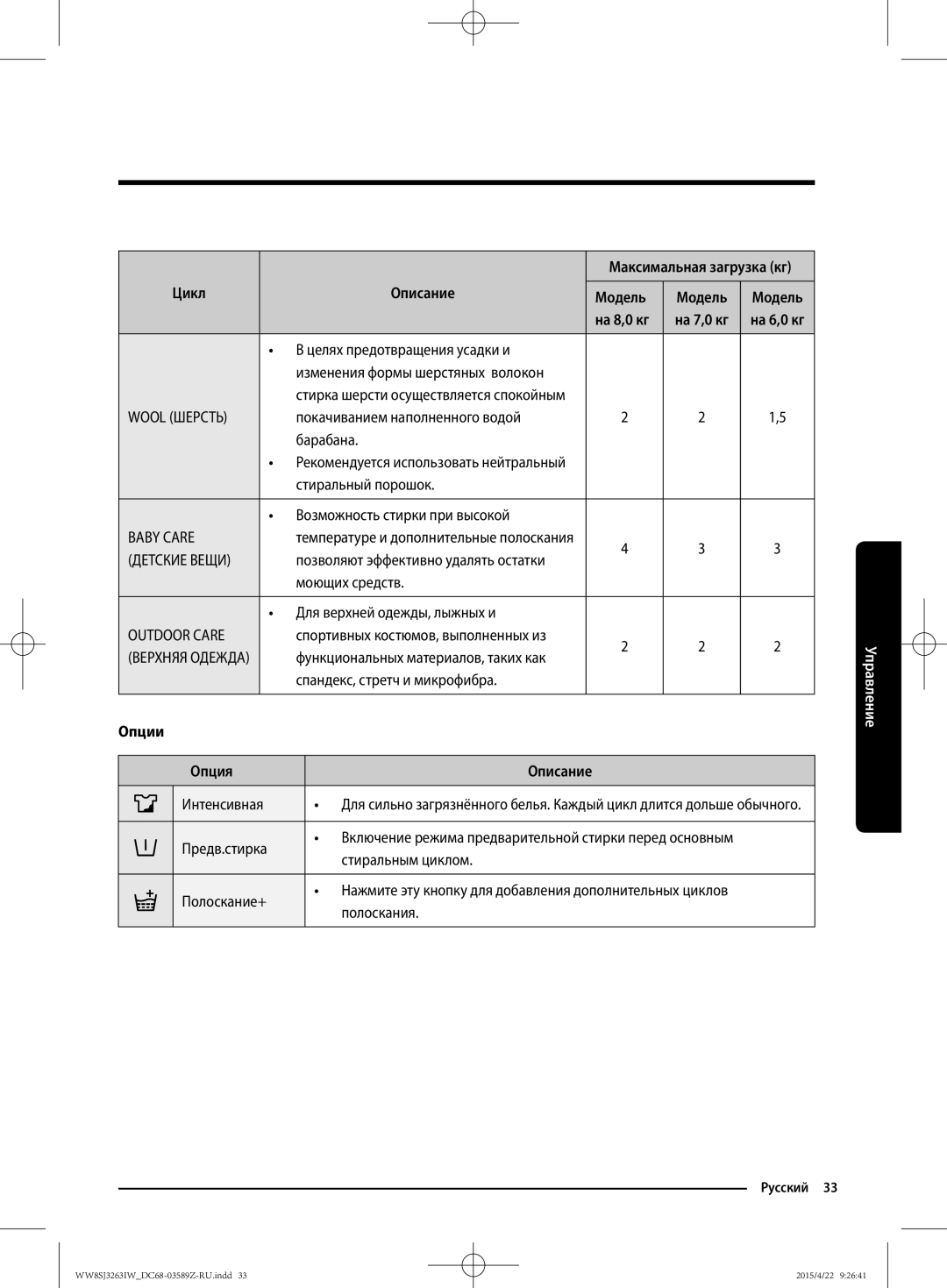 Samsung WW6SJ3263LW/KJ manual Опции Опция Описание 