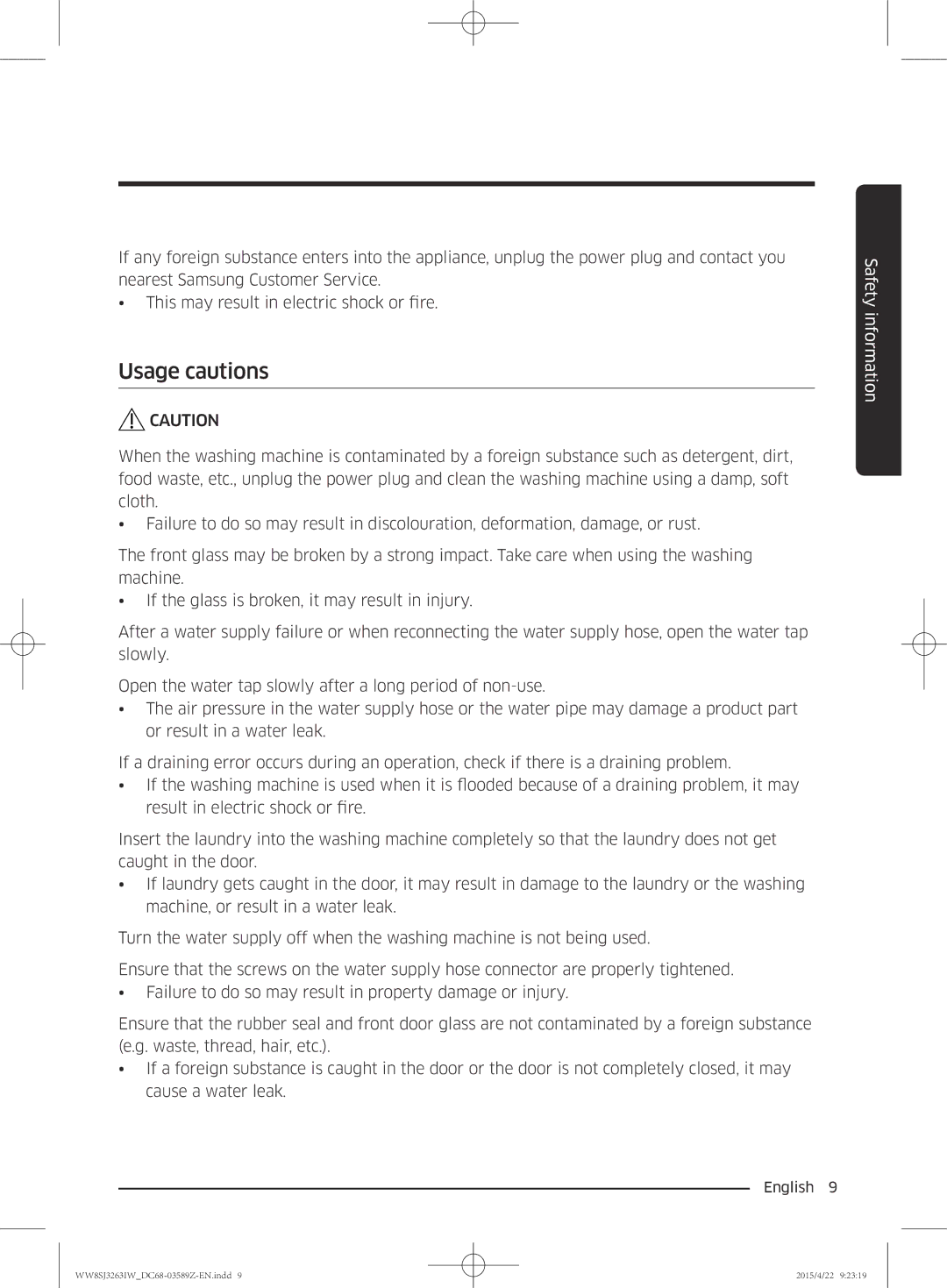 Samsung WW6SJ3263LW/KJ manual Usage cautions 