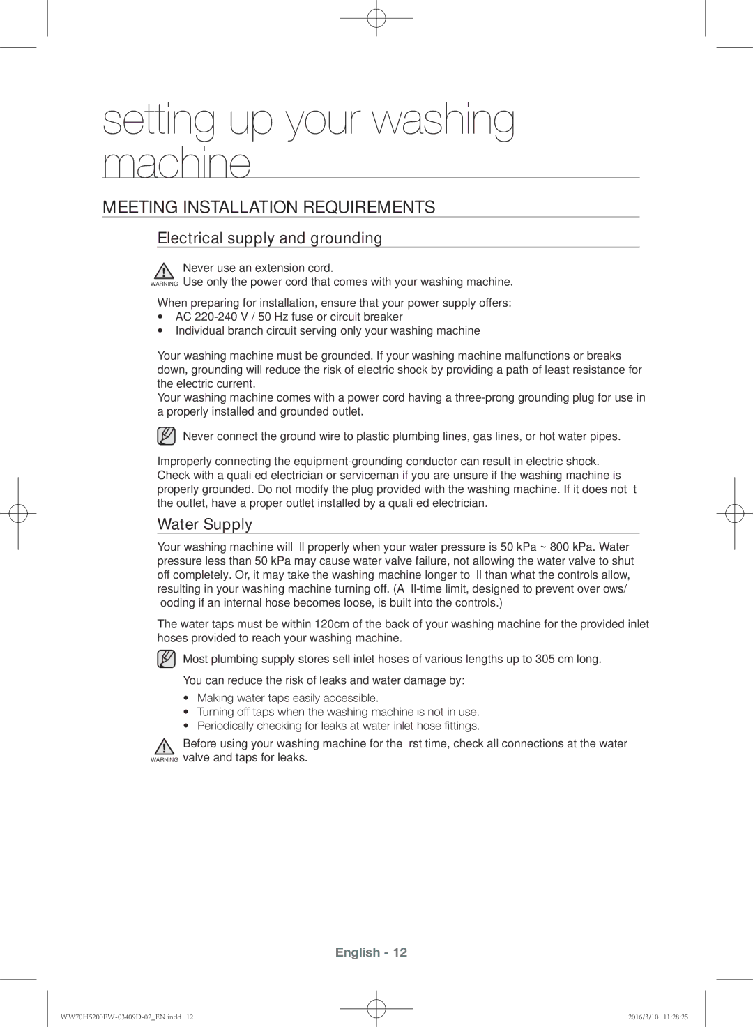 Samsung WW70H5200EW/KJ manual Meeting installation requirements, Electrical supply and grounding, Water Supply 