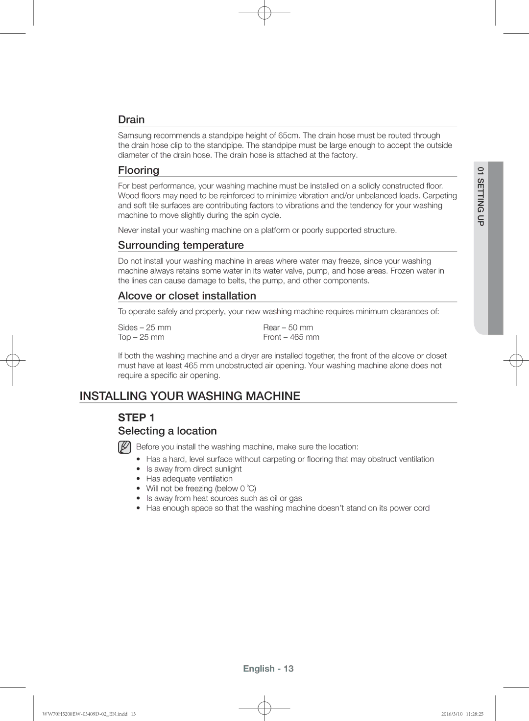 Samsung WW70H5200EW/KJ manual Installing your washing machine 