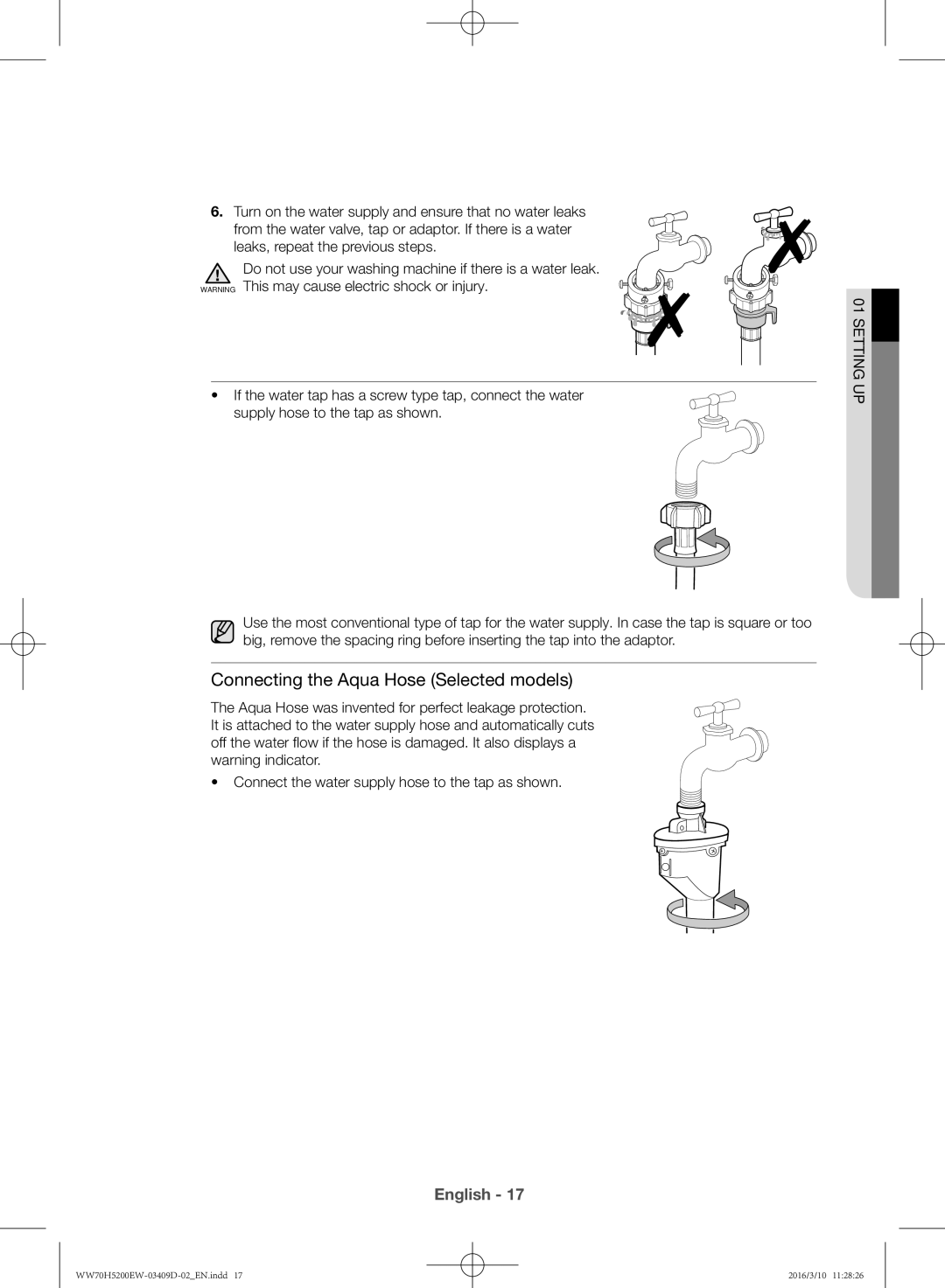 Samsung WW70H5200EW/KJ manual Connecting the Aqua Hose Selected models 