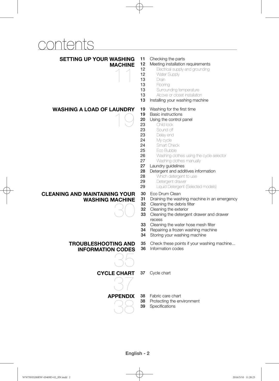 Samsung WW70H5200EW/KJ manual Contents 