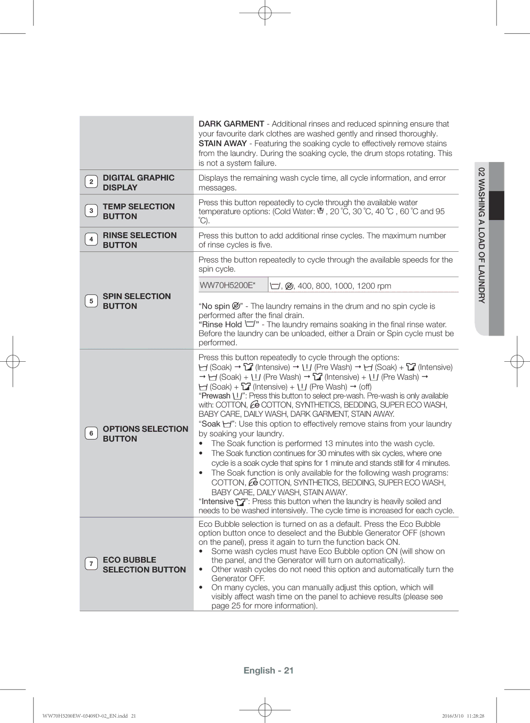 Samsung WW70H5200EW/KJ manual Options Selection 