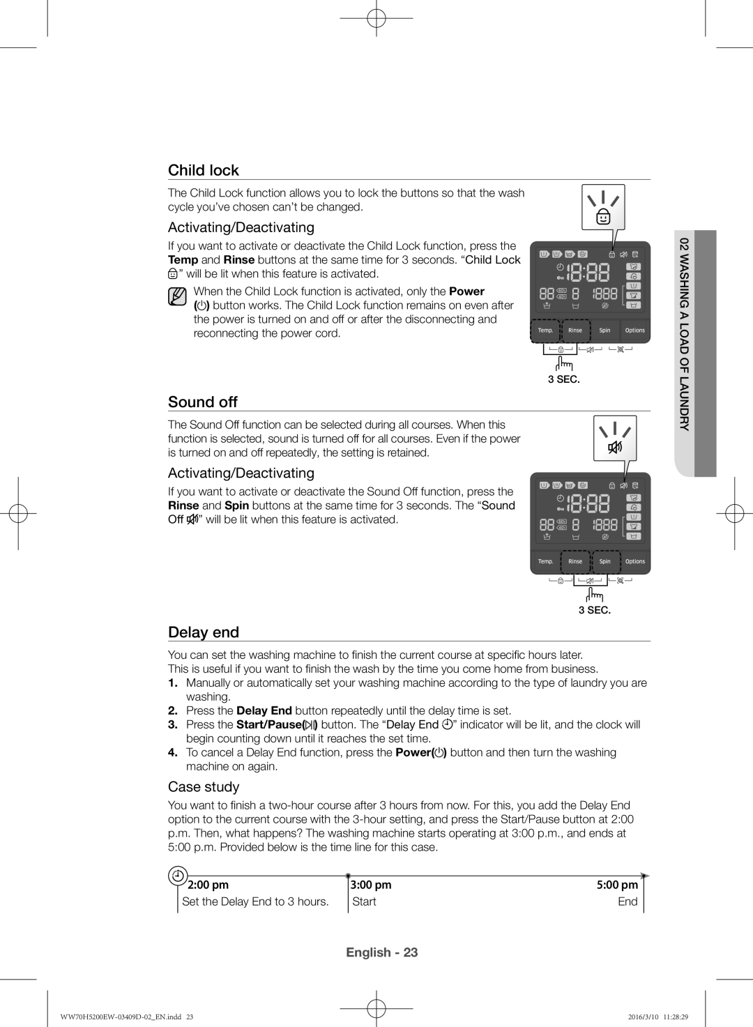 Samsung WW70H5200EW/KJ manual Child lock, Sound off, Delay end, Start 