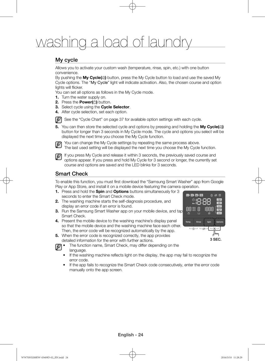 Samsung WW70H5200EW/KJ manual My cycle, Smart Check 