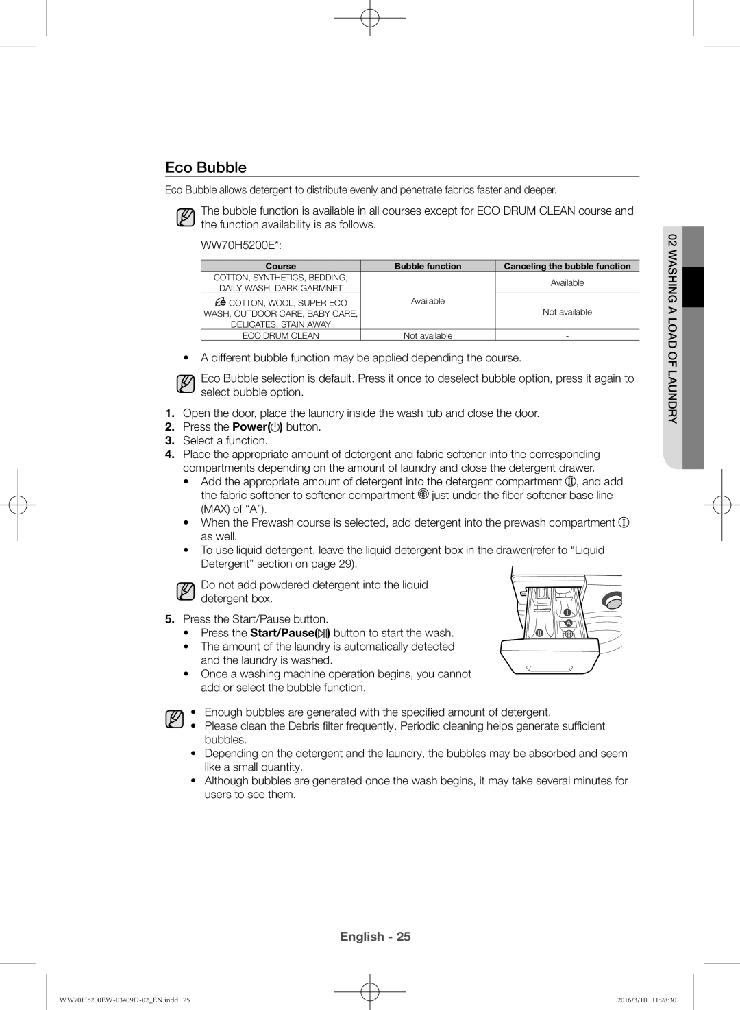 Samsung WW70H5200EW/KJ manual Eco Bubble, Course Bubble function Canceling the bubble function 