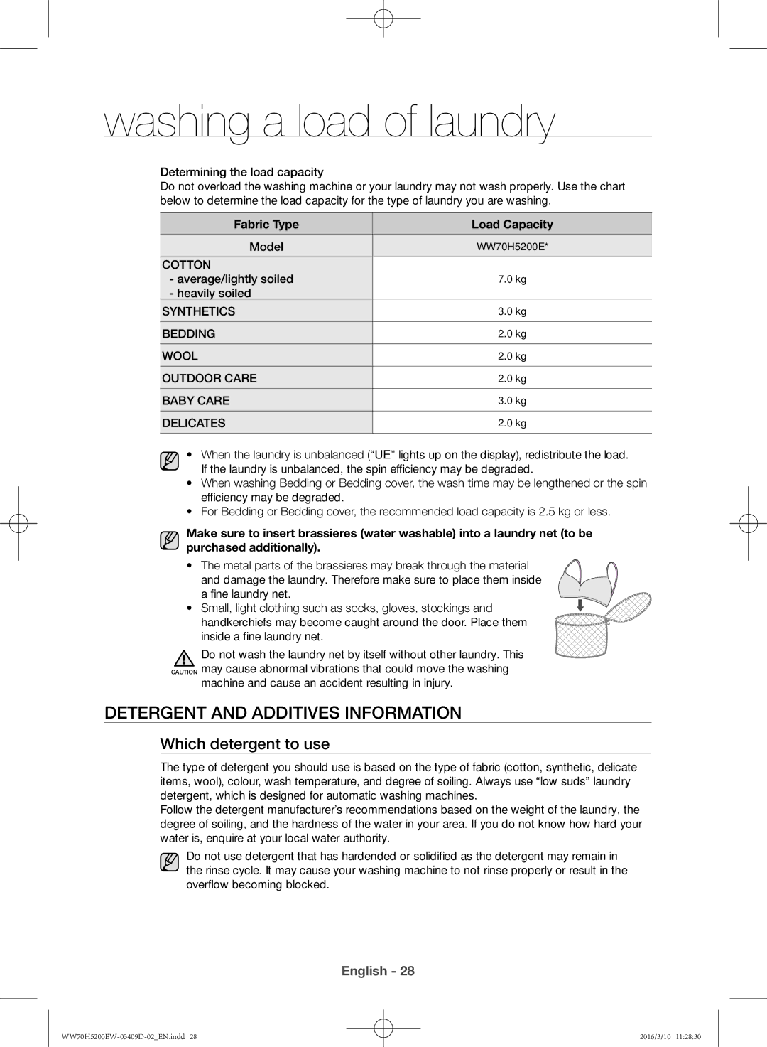 Samsung WW70H5200EW/KJ manual Detergent and additives information, Which detergent to use, Fabric Type Load Capacity 