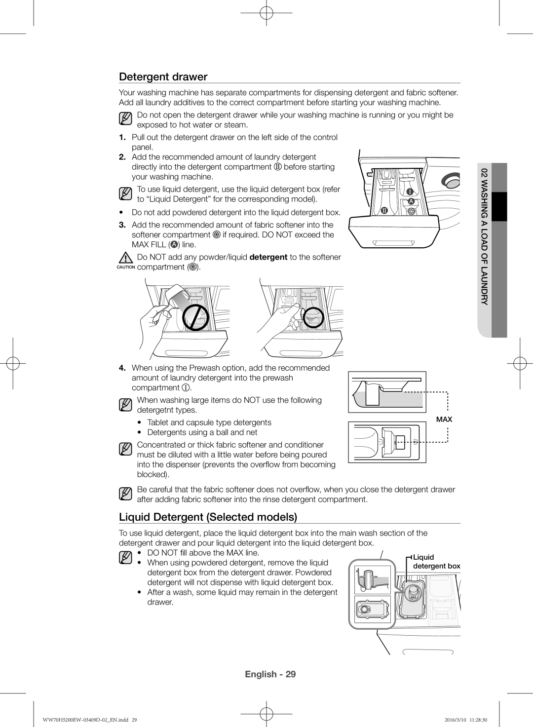 Samsung WW70H5200EW/KJ manual Detergent drawer, Liquid Detergent Selected models 