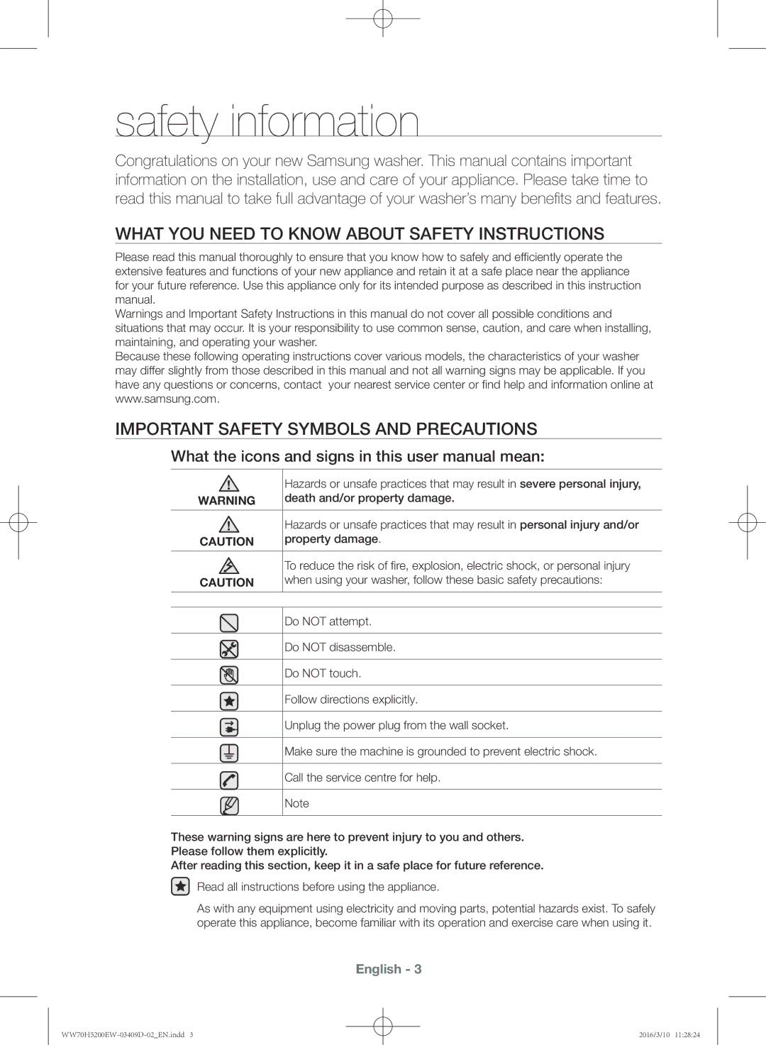 Samsung WW70H5200EW/KJ manual Safety information 