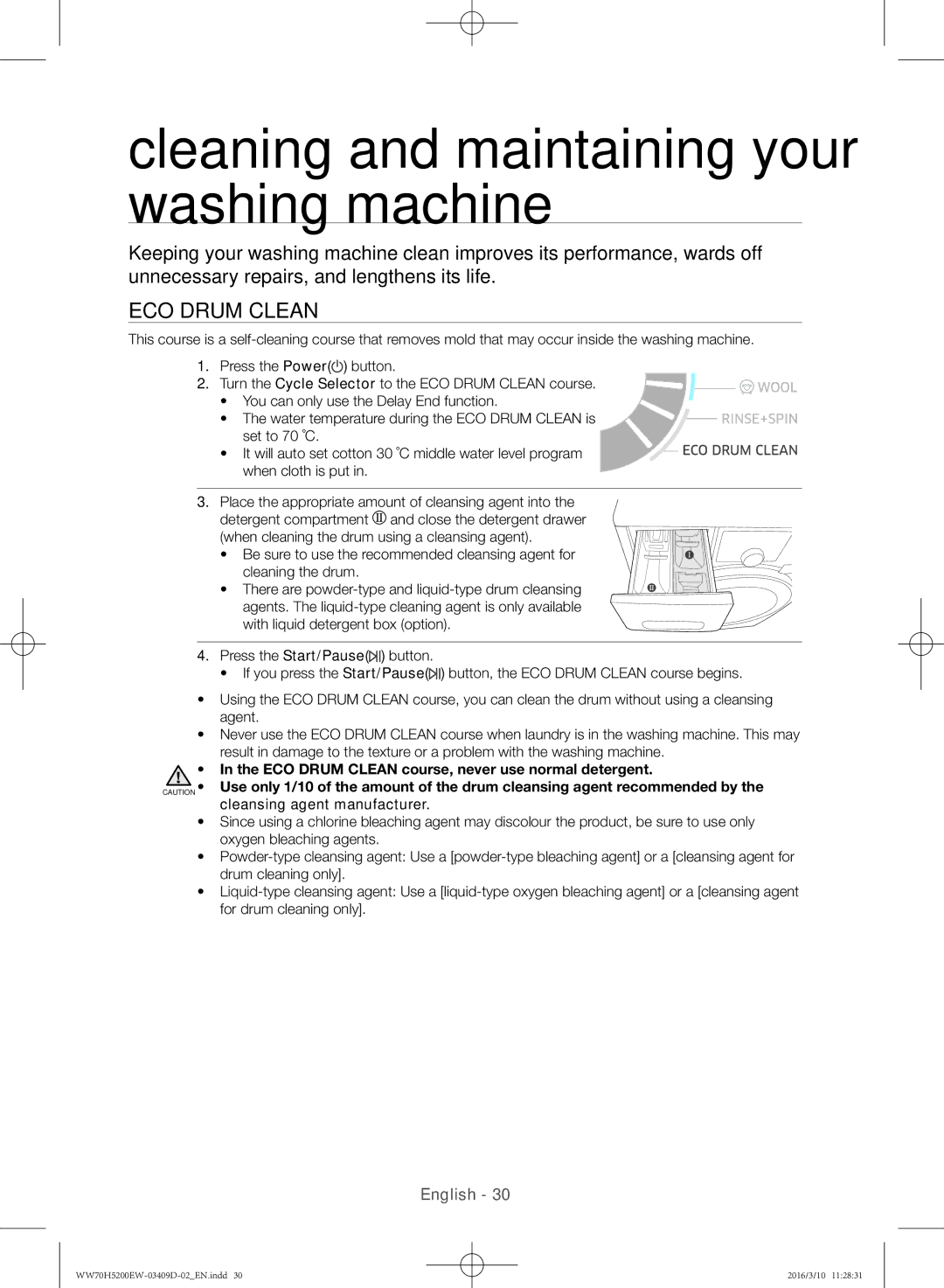 Samsung WW70H5200EW/KJ manual Cleaning and maintaining your washing machine, Eco Drum Clean 