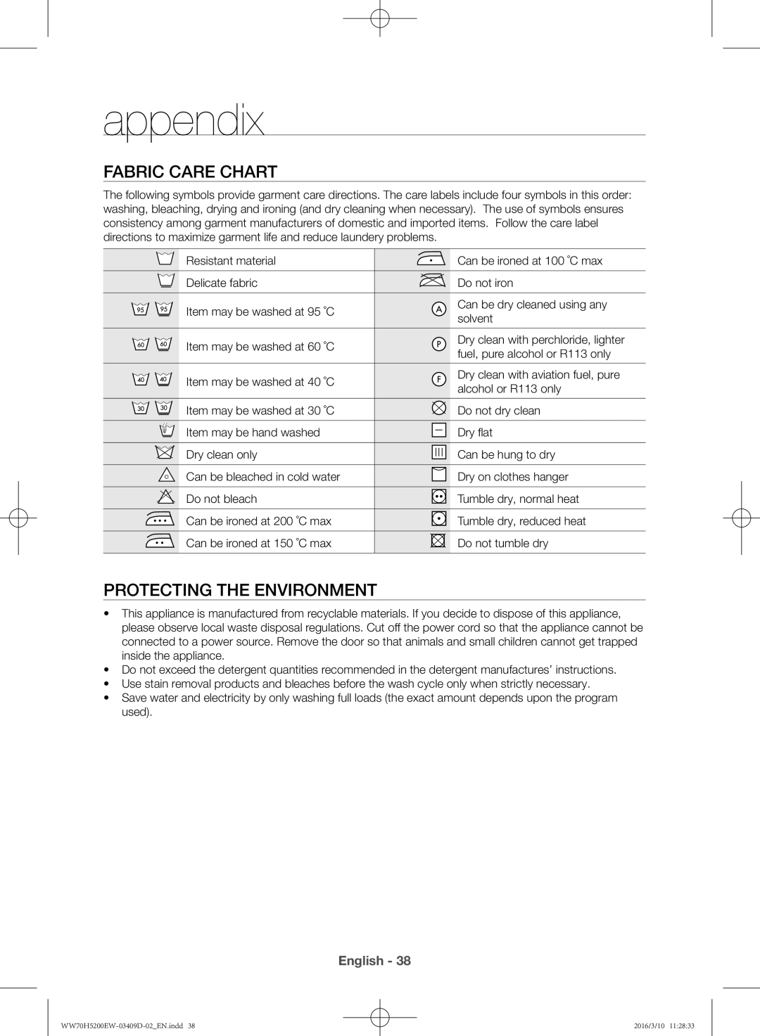 Samsung WW70H5200EW/KJ manual Appendix, Fabric care chart, Protecting the environment 