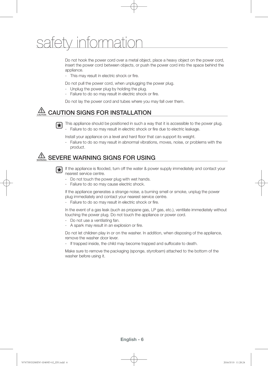 Samsung WW70H5200EW/KJ manual Safety information 