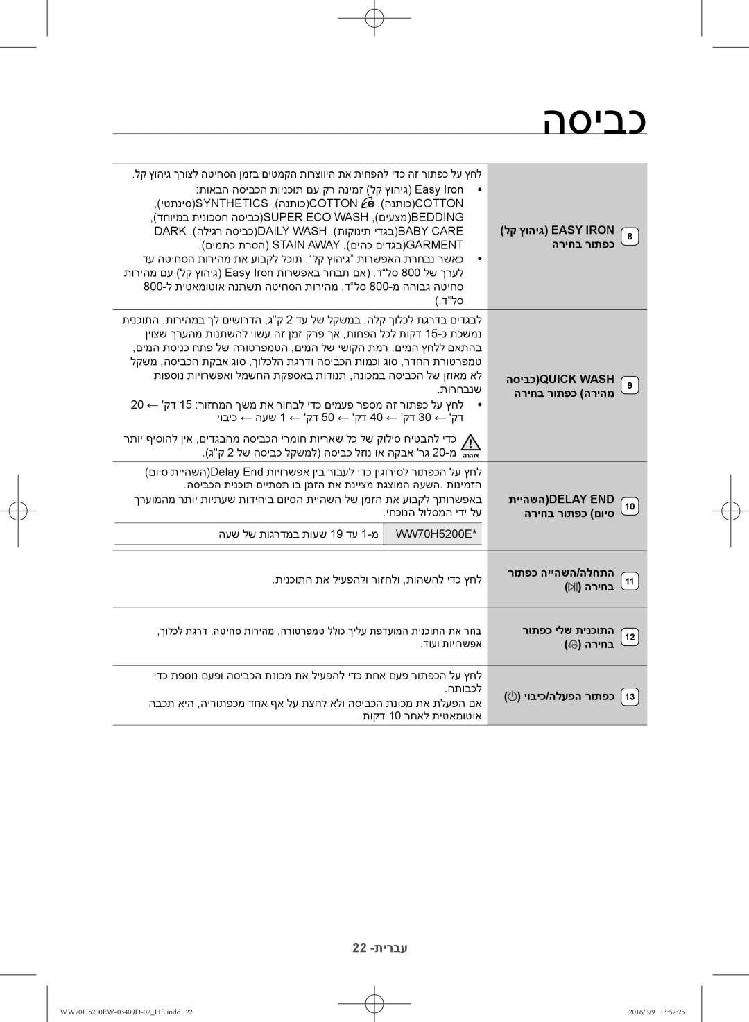 Samsung WW70H5200EW/KJ manual לק ץוהיג Easy Iron, הסיבכQUICK Wash, הריחב רותפכ הריהמ, תייהשהdelay End, הריחב רותפכ םויס 