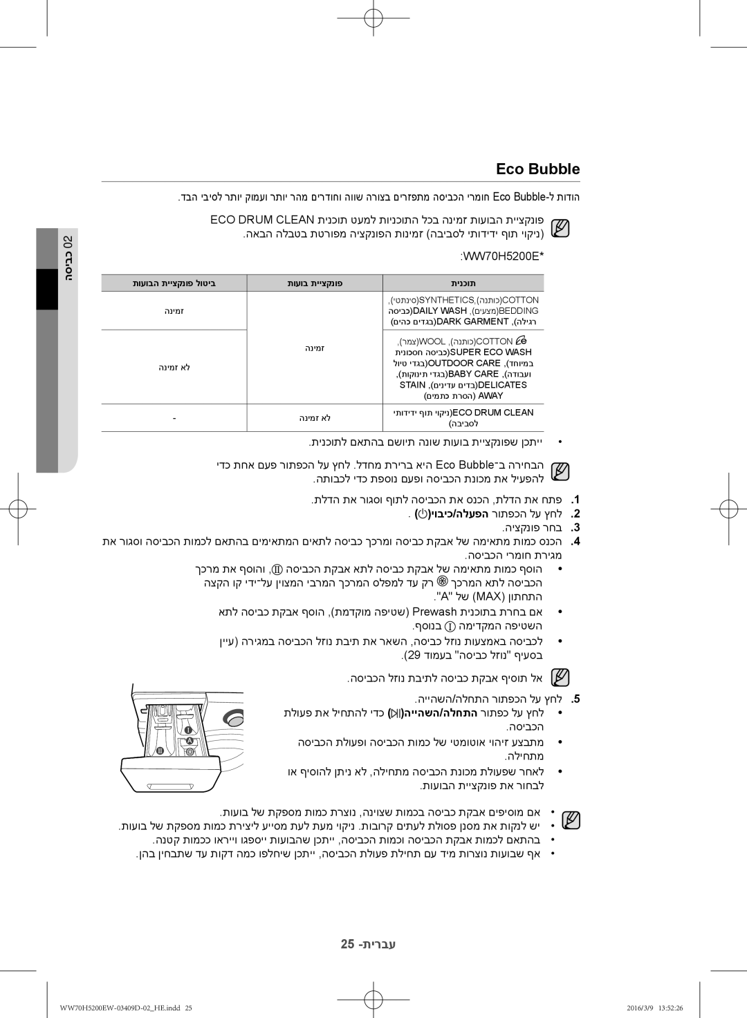 Samsung WW70H5200EW/KJ manual Eco Bubble, תועובה תייצקנופ לוטיב תועוב תייצקנופ תינכות 