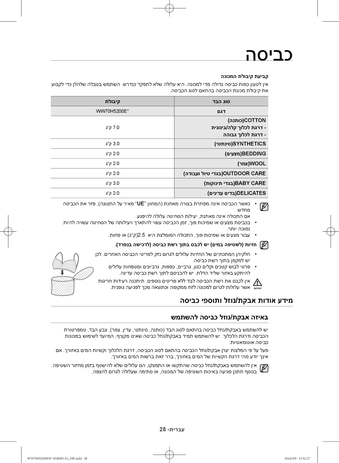 Samsung WW70H5200EW/KJ manual הסיבכ יפסותו לזונ/תקבא תודוא עדימ, שמתשהל הסיבכ לזונ/תקבא הזיאב, הנוכמה תלוביק תעיבק 