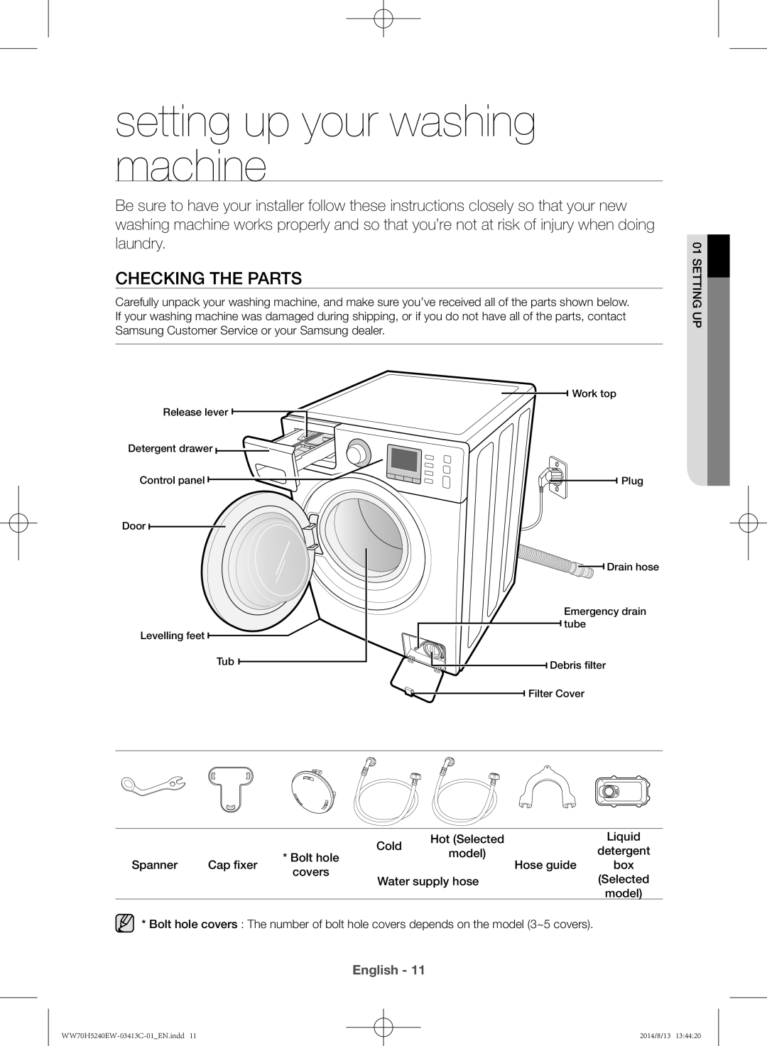 Samsung WW70H5240EW/YL Setting up your washing machine, Checking the parts, Cold Hot Selected Liquid Bolt hole, Detergent 