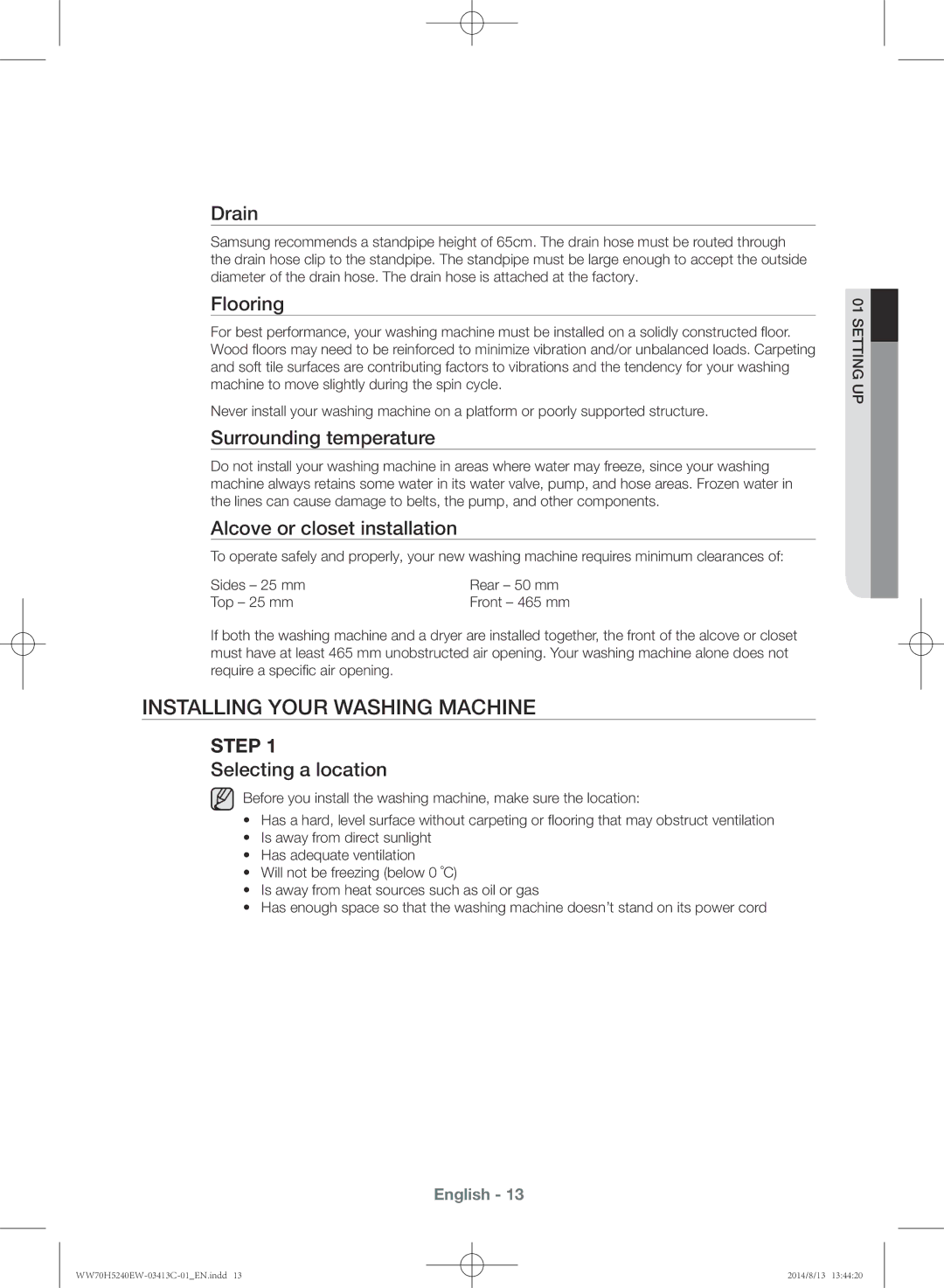 Samsung WW70H5240EW/YL manual Installing your washing machine 