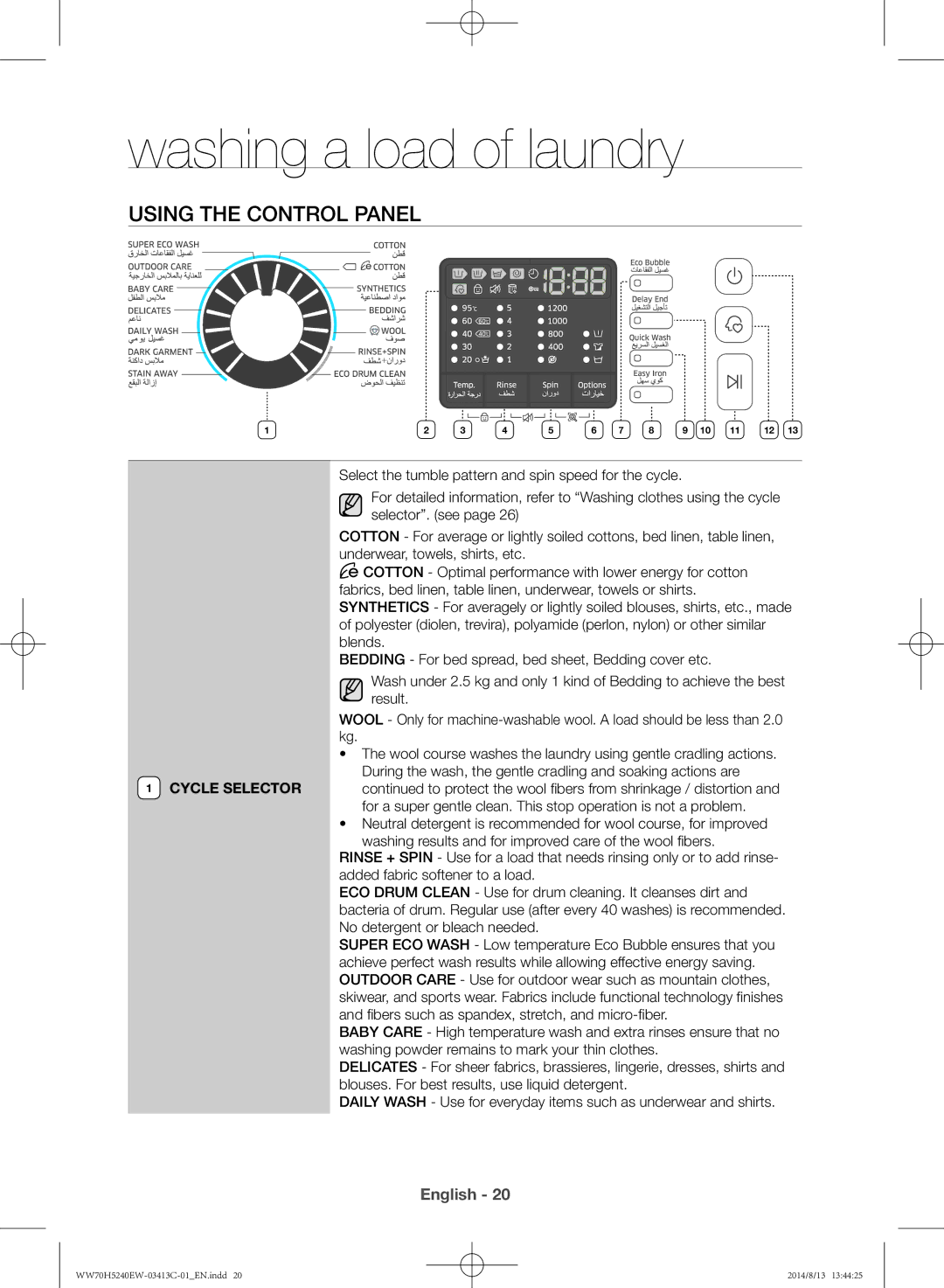 Samsung WW70H5240EW/YL manual Using the control panel, Cycle Selector 