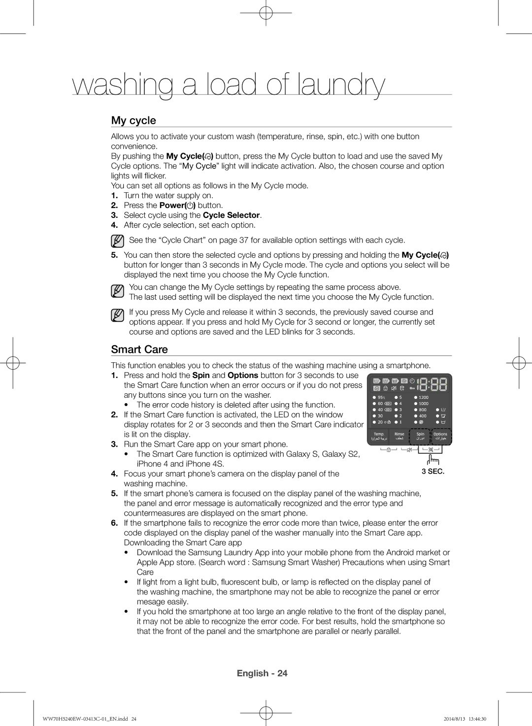 Samsung WW70H5240EW/YL manual My cycle, Smart Care 