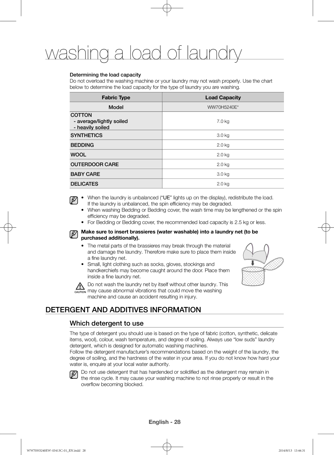 Samsung WW70H5240EW/YL manual Detergent and additives information, Which detergent to use, Fabric Type Load Capacity 